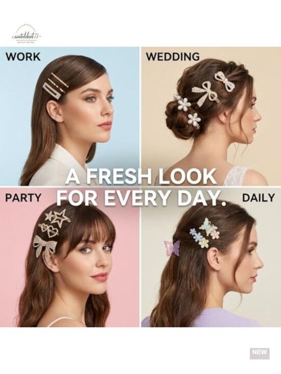 50 Pcs Hair Clips Set - Faux Pearl, Rhinestone, Resin & Gold-Tone Barrettes, main image 5
